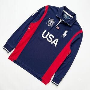 POLO Ralph Lauren Vintage Custom Fit USA Rugby Shirt Blue Long Sleeve Mens XL